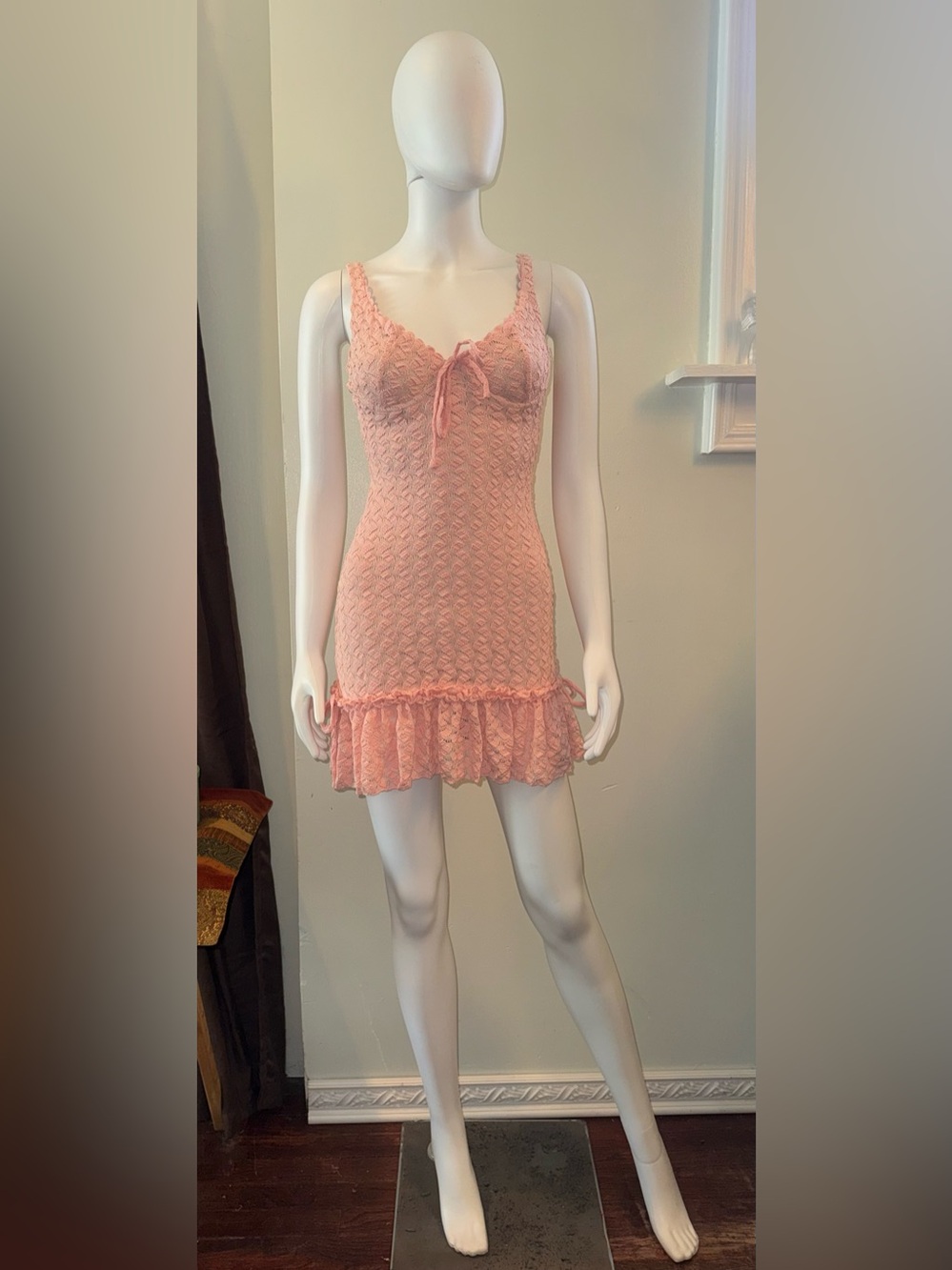 Meshki Blush Pink Lace Tie-Front Ruffle Mini Dress